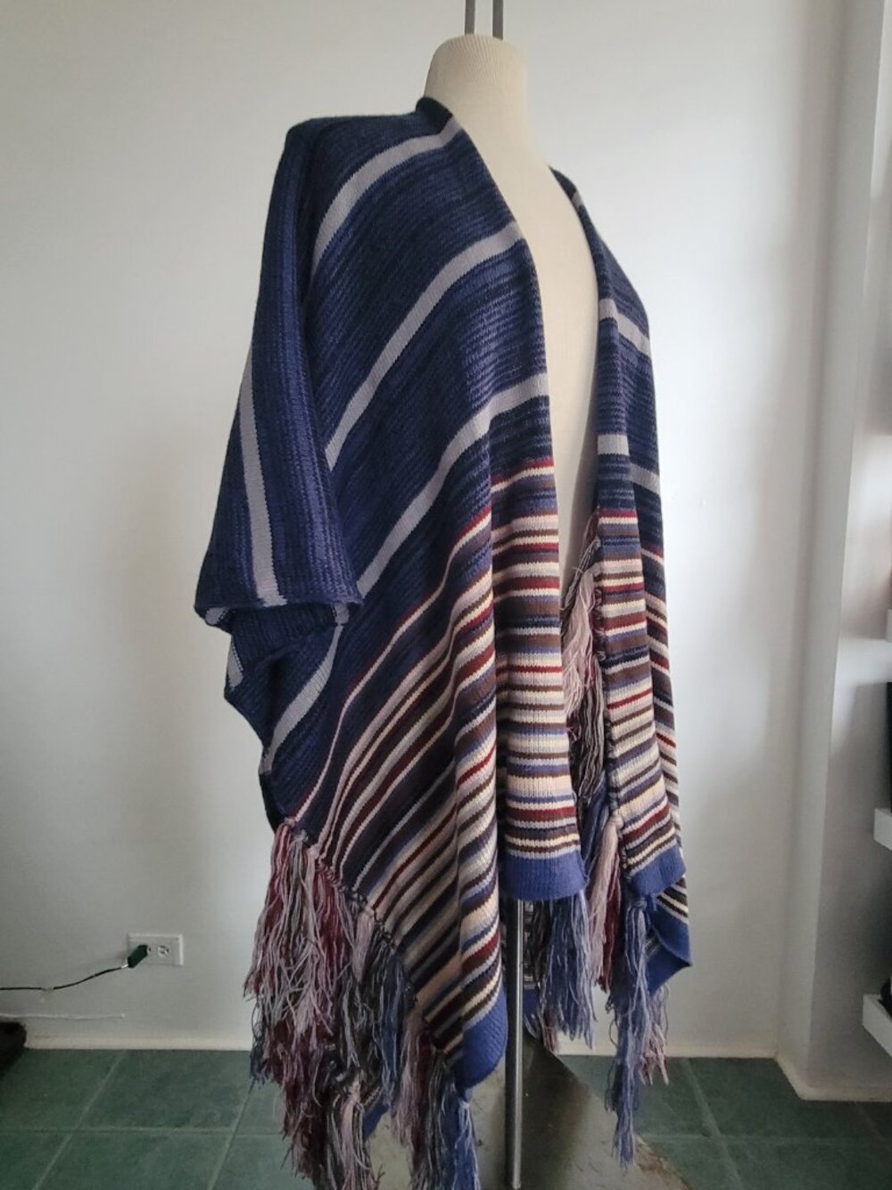 Modena Blue & Red Striped Knit Shawl Poncho | One Size | NWOT - Picture 3 of 16